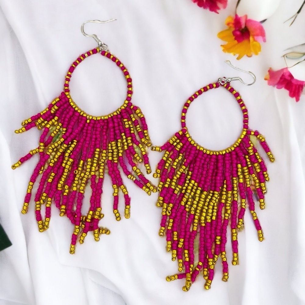Boho Bliss: Pink & Gold Beaded Dangle Earrings to Dazzle Your Style! NWT